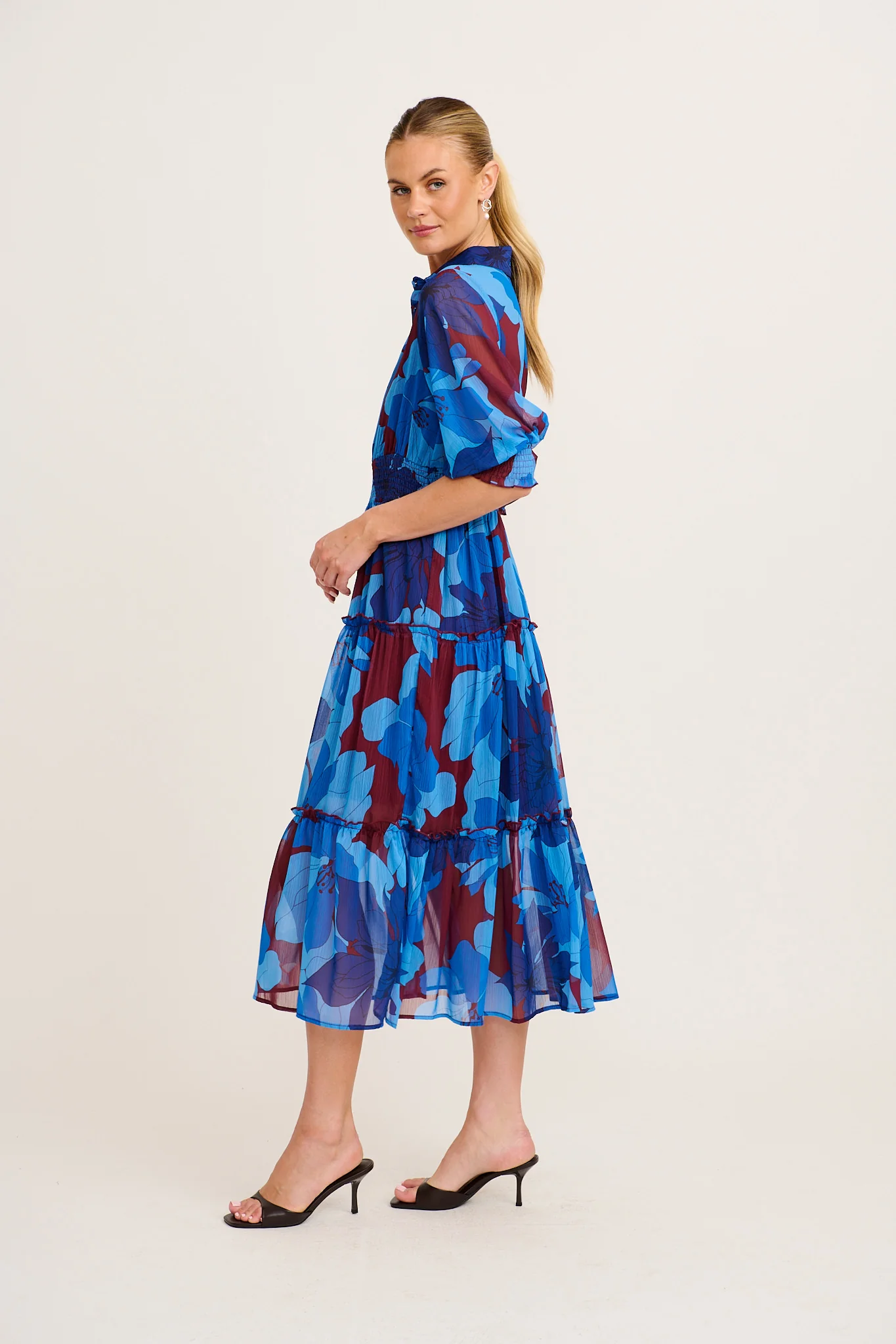Brittney Midi Dress In Burgundy and Blue Floral Chiffon - Image 3