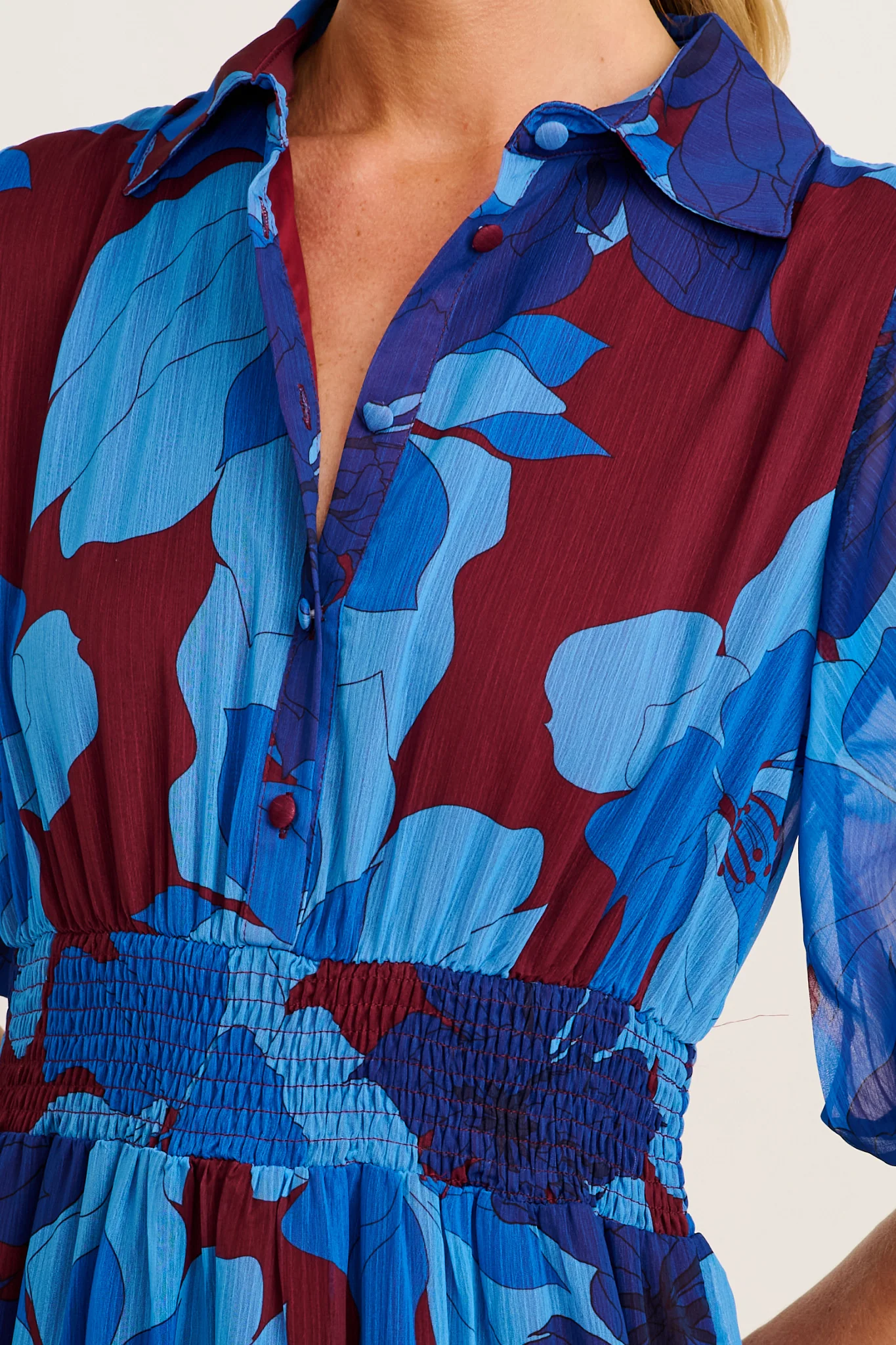 Brittney Midi Dress In Burgundy and Blue Floral Chiffon - Image 5