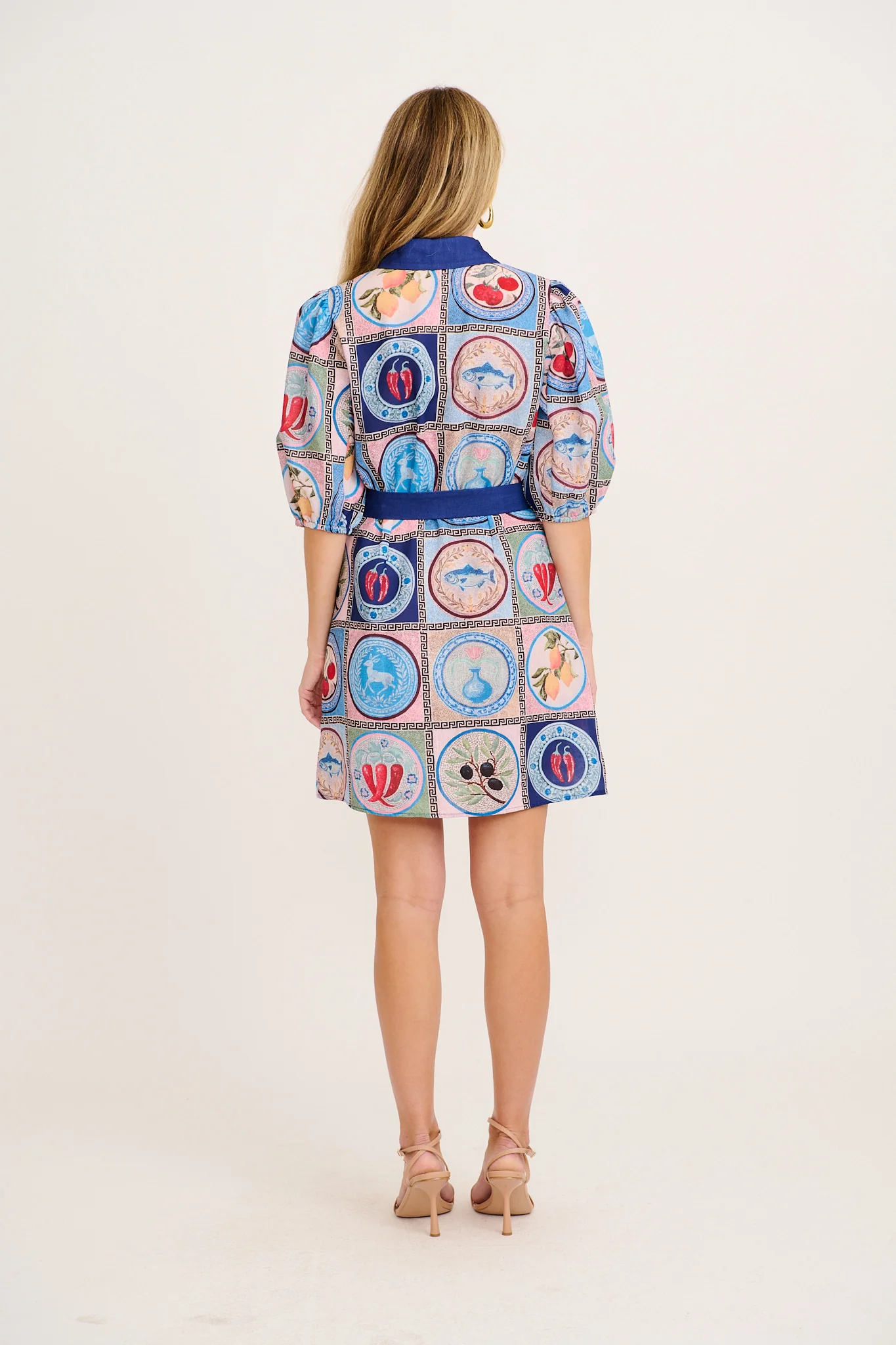 Esenia Shirt Dress in Blue Multi Tile Linen Blend - Image 4