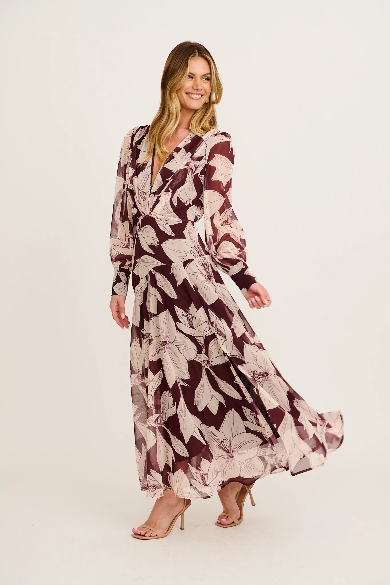 Martina Maxi Dress in Burgundy and Cream Floral Chiffon - Image 3