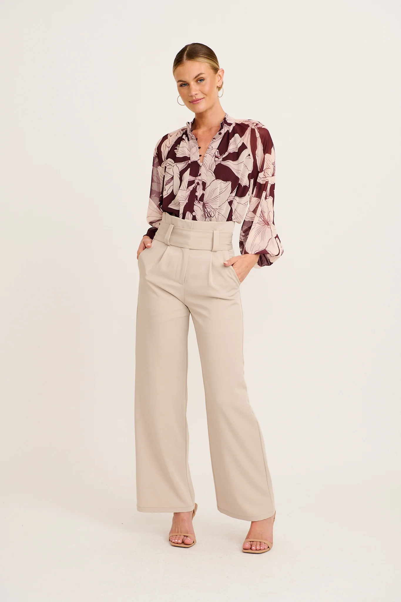 Melina Top in Burgundy and Cream Floral Chiffon - Image 4