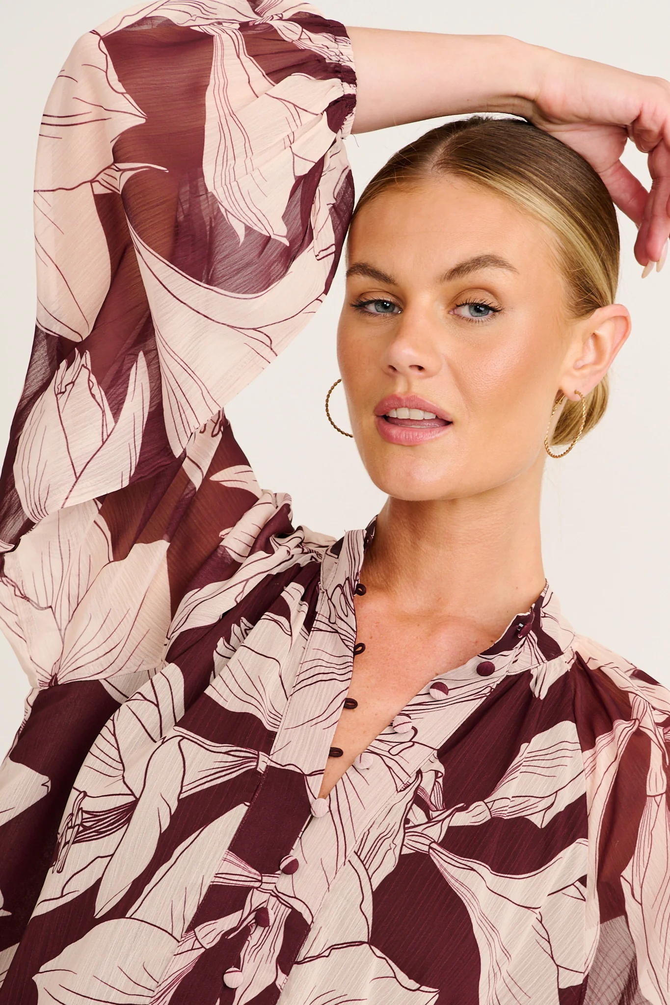 Melina Top in Burgundy and Cream Floral Chiffon - Image 5