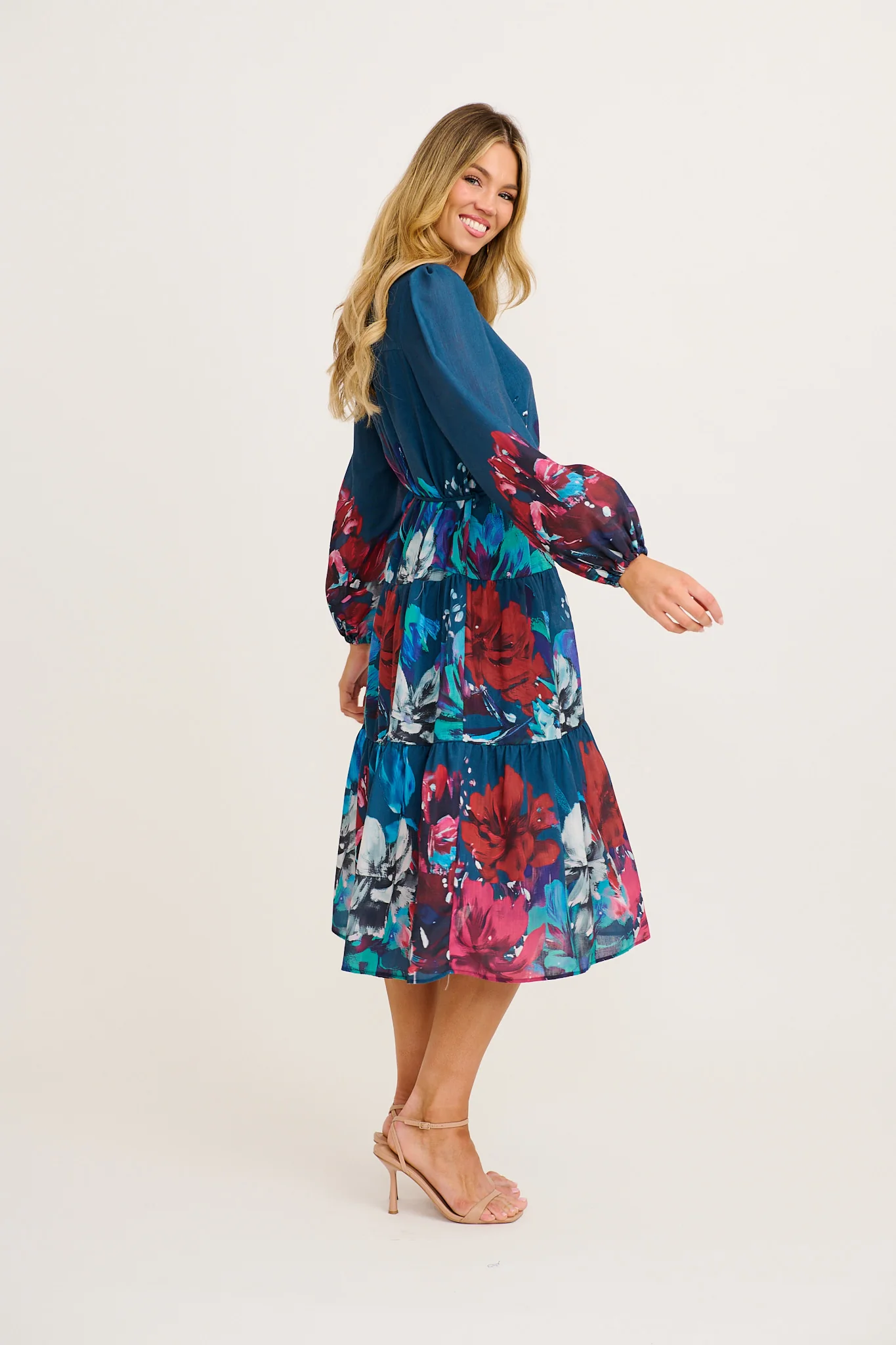 Nicola Midi Dress in Navy with Multi Red Floral - Image 3