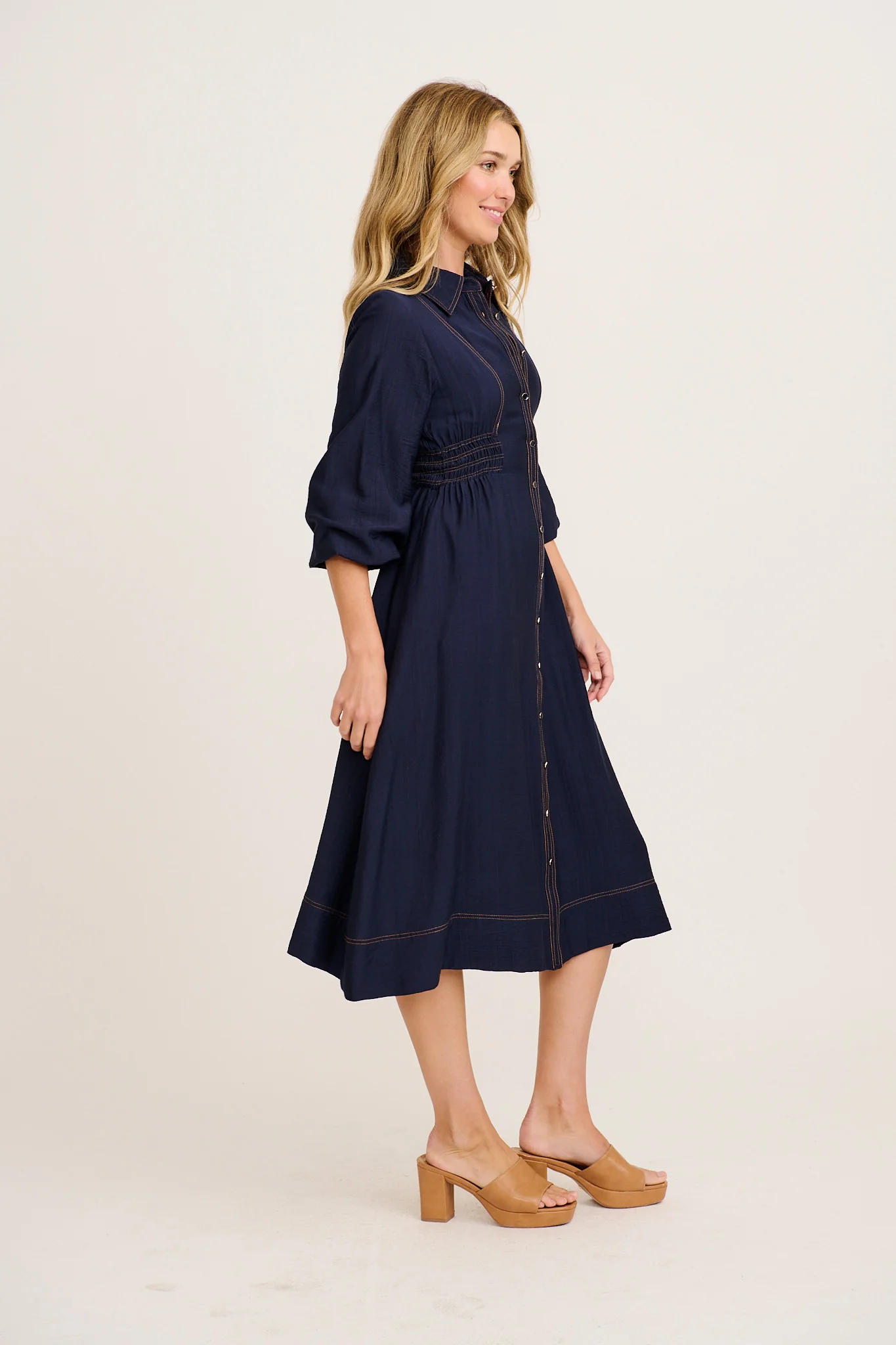 Omaria Midi Shirt Dress in Navy - Image 3