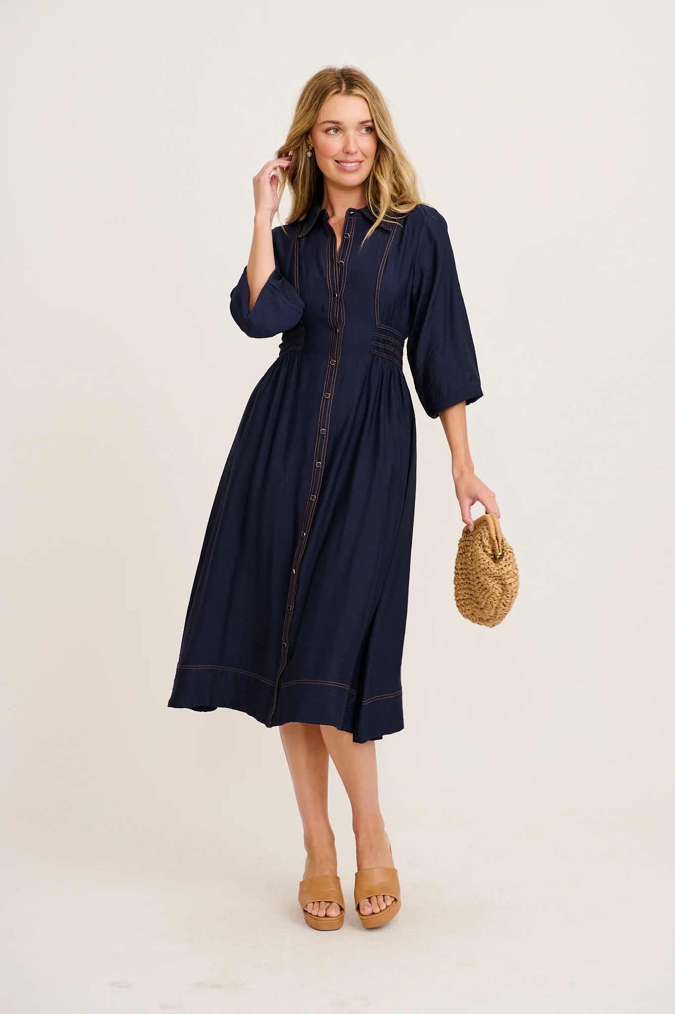 Omaria Midi Shirt Dress in Navy - Image 5