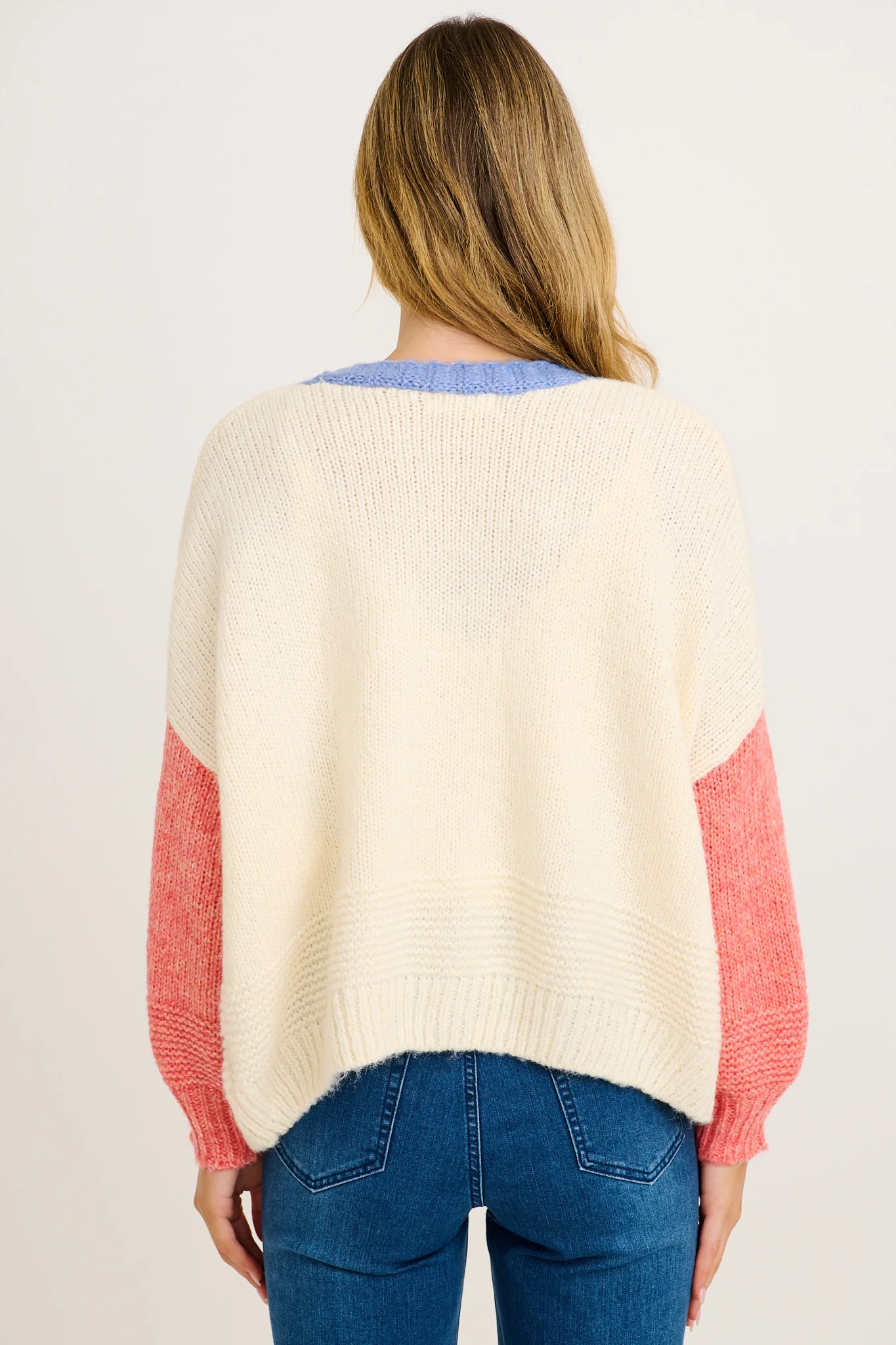 Soft Sprinkle Knit Cardigan in Cream with Pink Colourblock Wool Blend - Image 3