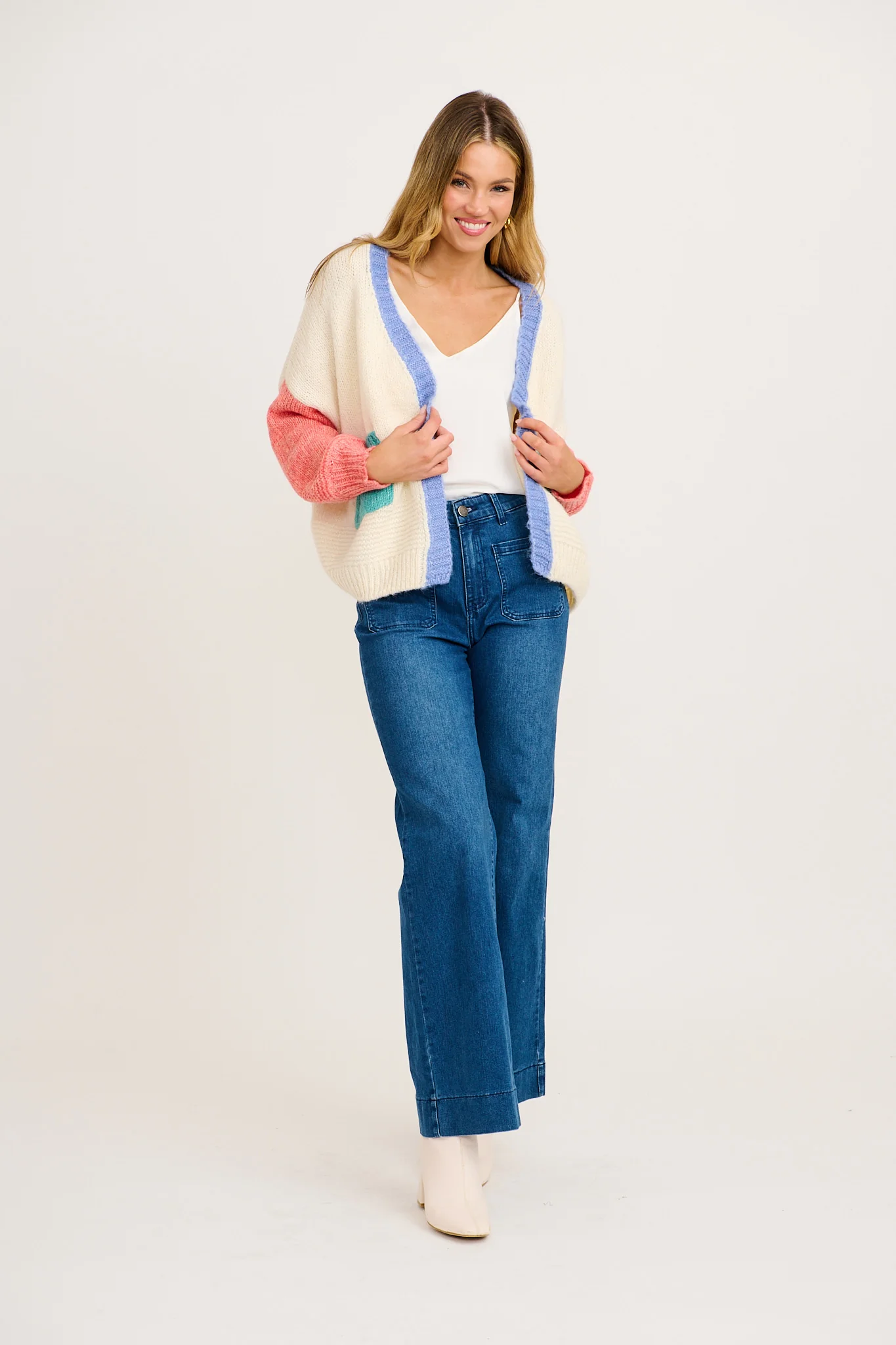 Soft Sprinkle Knit Cardigan in Cream with Pink Colourblock Wool Blend - Image 4