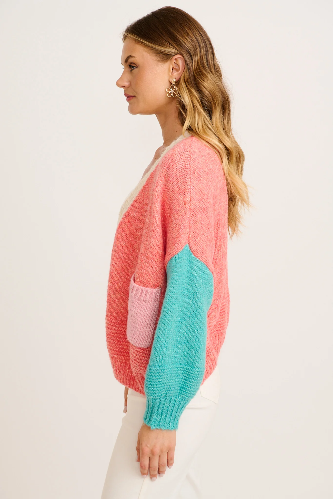 Soft Sprinkle Knit Cardigan in Pink with Blue Colourblock Wool Blend - Image 3
