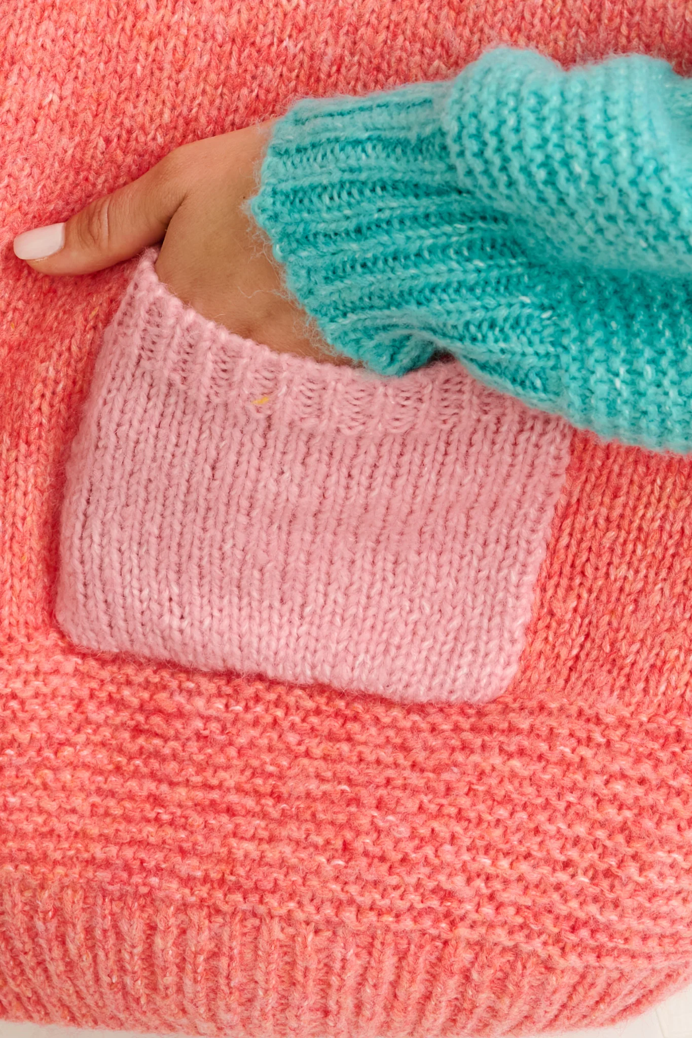 Soft Sprinkle Knit Cardigan in Pink with Blue Colourblock Wool Blend - Image 6